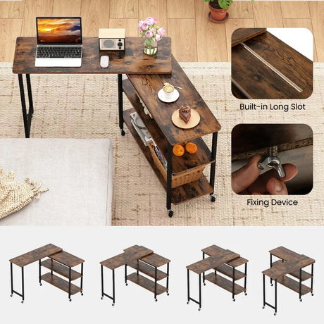 360 Free Rotating Sofa Side Table with Swivel and Sliding Tabletop-Rustic Brown