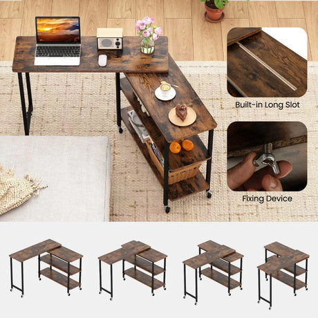 360 Free Rotating Sofa Side Table with Swivel and Sliding Tabletop-Rustic Brown