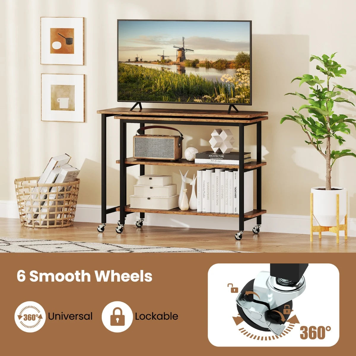360 Free Rotating Sofa Side Table with Swivel and Sliding Tabletop-Rustic Brown