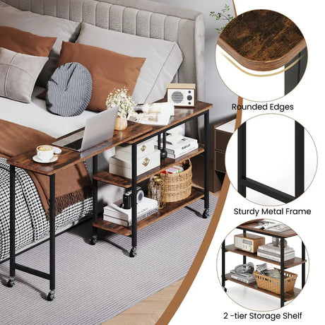 360 Free Rotating Sofa Side Table with Swivel and Sliding Tabletop-Rustic Brown