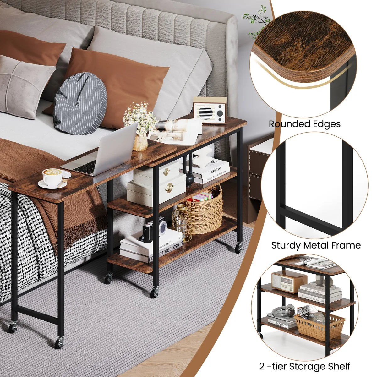 360 Free Rotating Sofa Side Table with Swivel and Sliding Tabletop-Rustic Brown