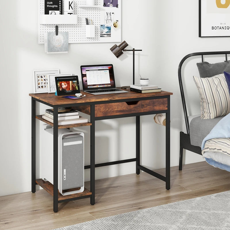 100 cm Computer Desk Computer Workstation with Drawer and Adjustable Shelf-Rustic Brown
