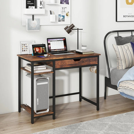 100 cm Computer Desk Computer Workstation with Drawer and Adjustable Shelf-Rustic Brown