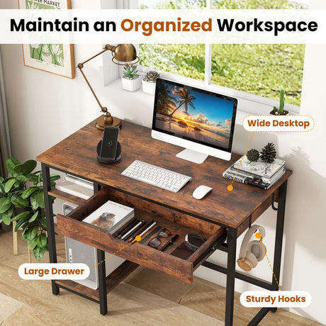100 cm Computer Desk Computer Workstation with Drawer and Adjustable Shelf-Rustic Brown
