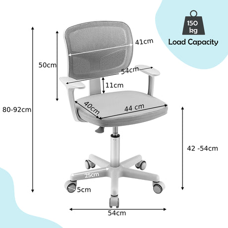 Adjustable Desk Chair with 5 Rolling Casters for Kids-Gray