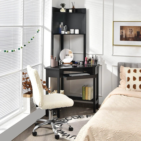 Corner Computer Desk with Hutch and Storage Shelves-Black