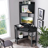Corner Computer Desk with Hutch and Storage Shelves-Black