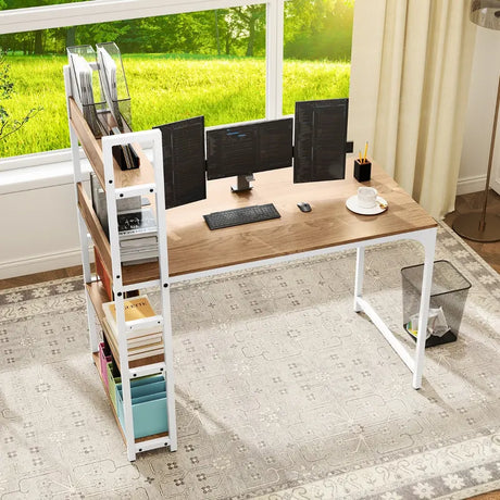 Computer Desk with Power Strip 120 CM Study Writing Desk with Bookshelf-Natural
