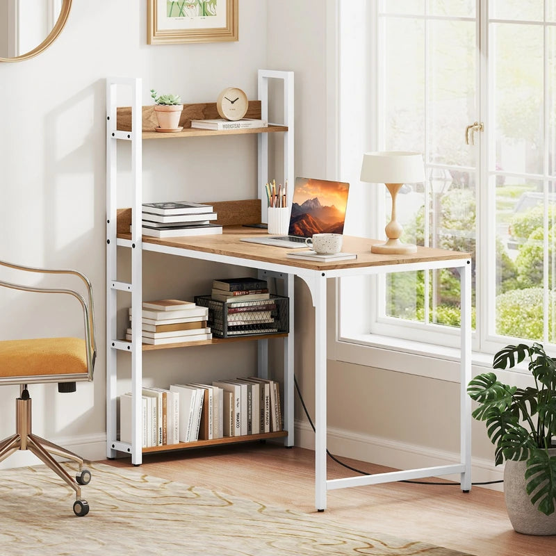 Computer Desk with Power Strip 120 CM Study Writing Desk with Bookshelf-Natural
