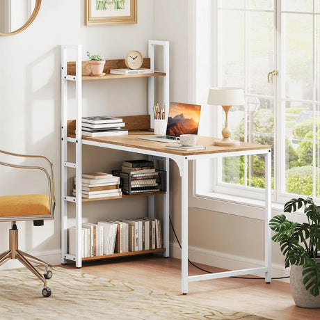 Computer Desk with Power Strip 120 CM Study Writing Desk with Bookshelf-Natural