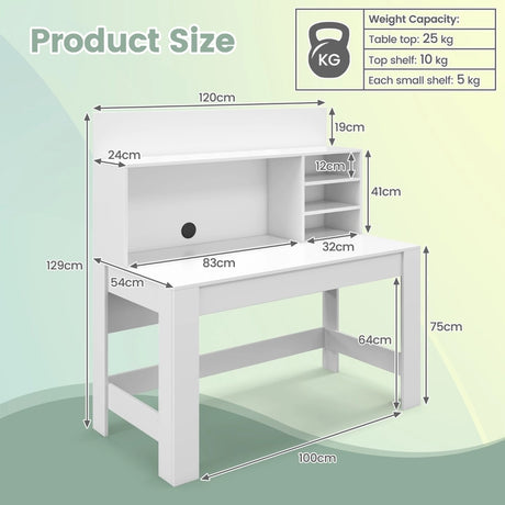 Desk with bookshelf &amp; cable management holes 120 x 54 x 129 cm White