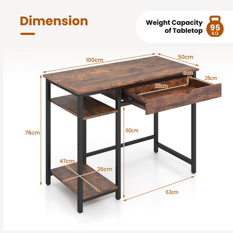 100 cm Computer Desk Computer Workstation with Drawer and Adjustable Shelf-Rustic Brown