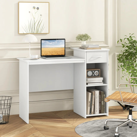 Computer Desk with Drawer Modern Laptop PC Desk with Adjustable Shelf and Cable Hole-White