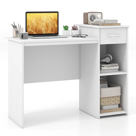 Computer Desk with Drawer Modern Laptop PC Desk with Adjustable Shelf and Cable Hole-White