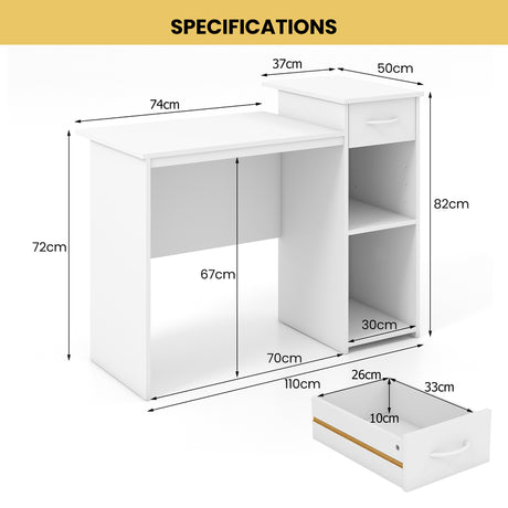 Computer Desk with Drawer Modern Laptop PC Desk with Adjustable Shelf and Cable Hole-White