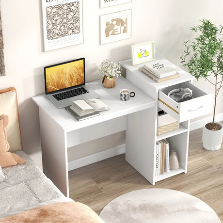 Computer Desk with Drawer Modern Laptop PC Desk with Adjustable Shelf and Cable Hole-White