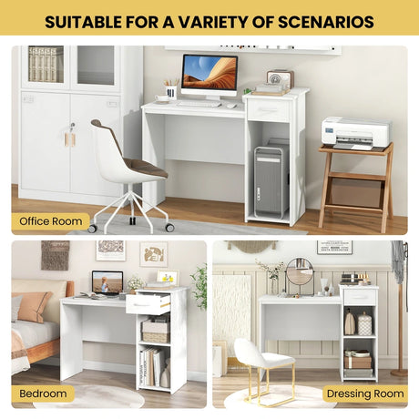 Computer Desk with Drawer Modern Laptop PC Desk with Adjustable Shelf and Cable Hole-White
