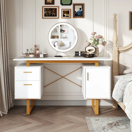 Computer Desk with Floating Desktop and Dual Drawers-White