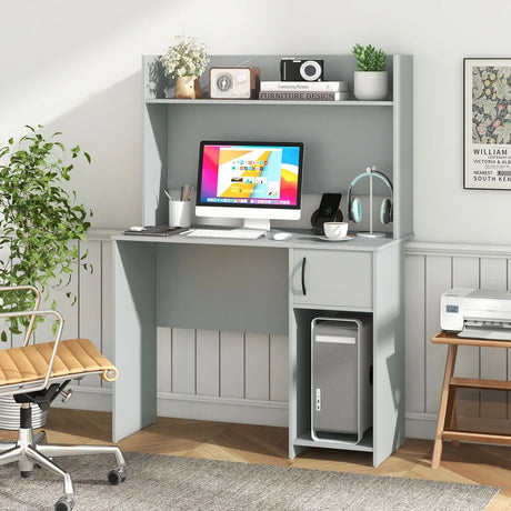 Computer Desk with Hutch Home Office Desk with Raised Display Shelf and 2 Open Shelves