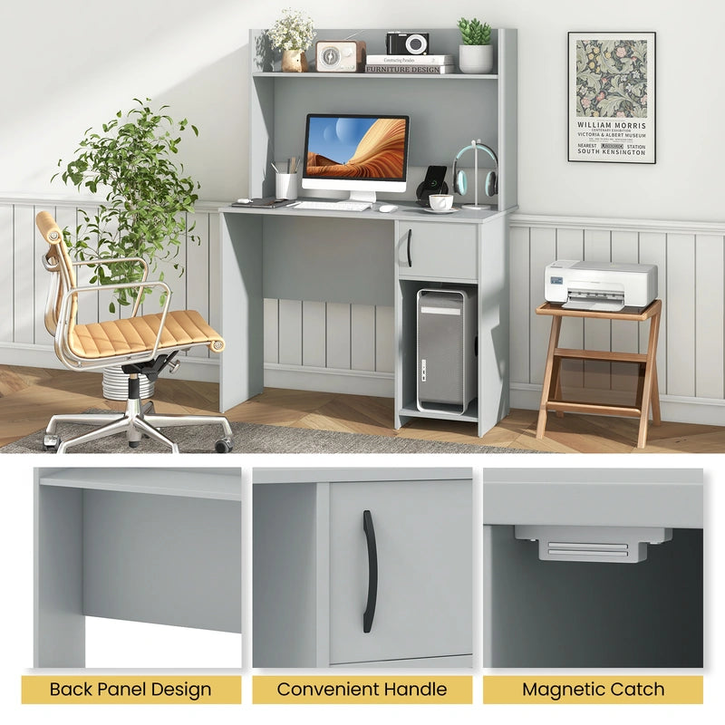 Computer Desk with Hutch Home Office Desk with Raised Display Shelf and 2 Open Shelves