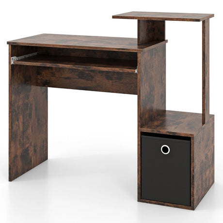 Space-saving Computer Desk with Open Shelf and Fabric Storage Drawer-Rustic Brown