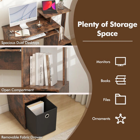 Space-saving Computer Desk with Open Shelf and Fabric Storage Drawer-Rustic Brown