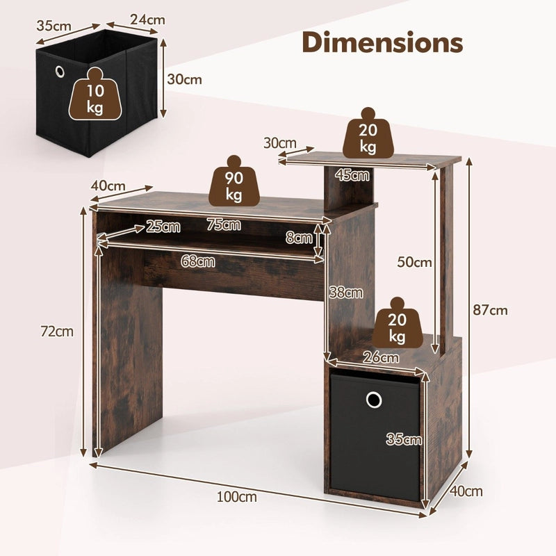 Space-saving Computer Desk with Open Shelf and Fabric Storage Drawer-Rustic Brown