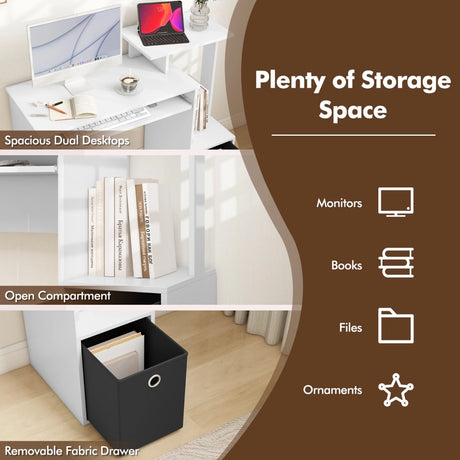 Space-saving Computer Desk with Open Shelf and Fabric Storage Drawer-White