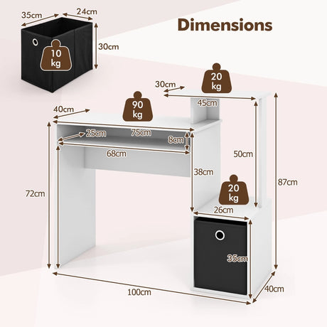 Space-saving Computer Desk with Open Shelf and Fabric Storage Drawer-White