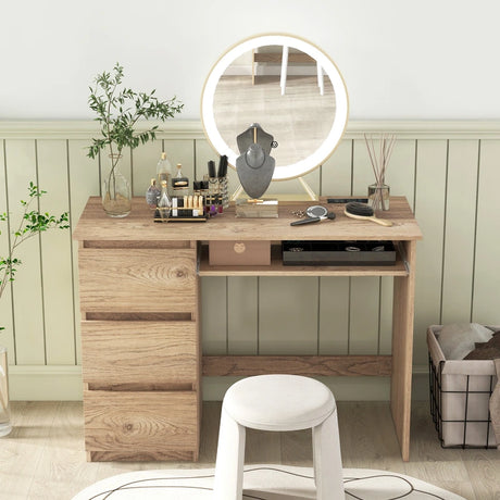 Computer Desk with Power Outlet and 3 Large Drawers-Natural