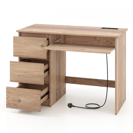 Computer Desk with Power Outlet and 3 Large Drawers-Natural