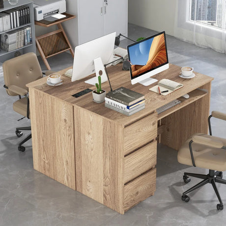 Computer Desk with Power Outlet and 3 Large Drawers-Natural