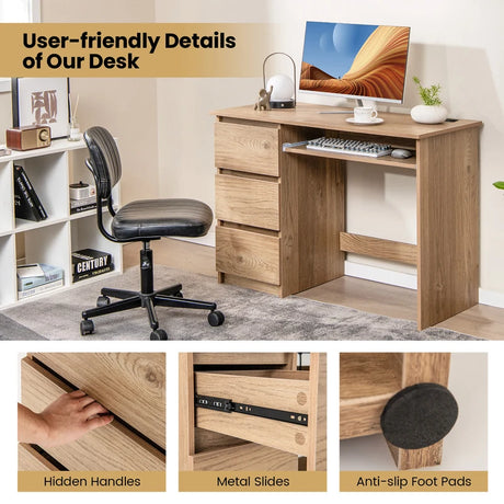 Computer Desk with Power Outlet and 3 Large Drawers-Natural