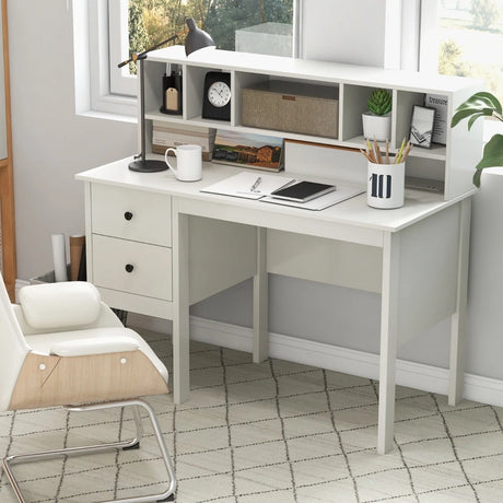 Computer Desk with Power Outlets and  5-Cubby Hutch-White