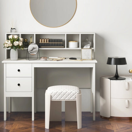 Computer Desk with Power Outlets and  5-Cubby Hutch-White