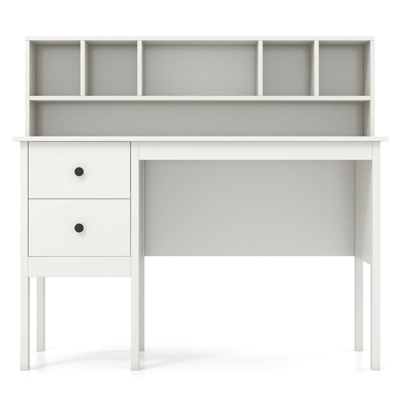 Computer Desk with Power Outlets and  5-Cubby Hutch-White
