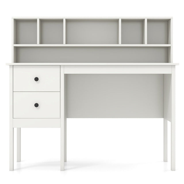 Computer Desk with Power Outlets and  5-Cubby Hutch-White