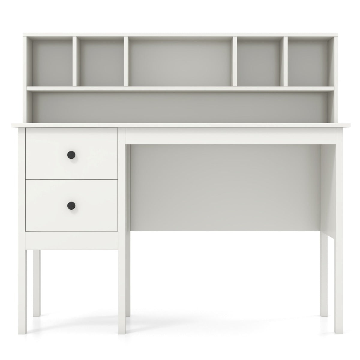 Computer Desk with Power Outlets and  5-Cubby Hutch-White
