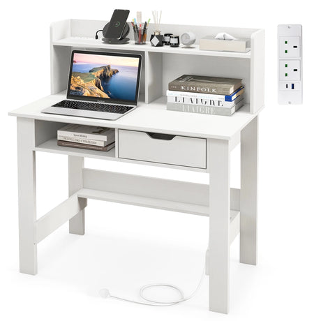 Computer Desk with Power Outlets and USB Port and Type-C-White