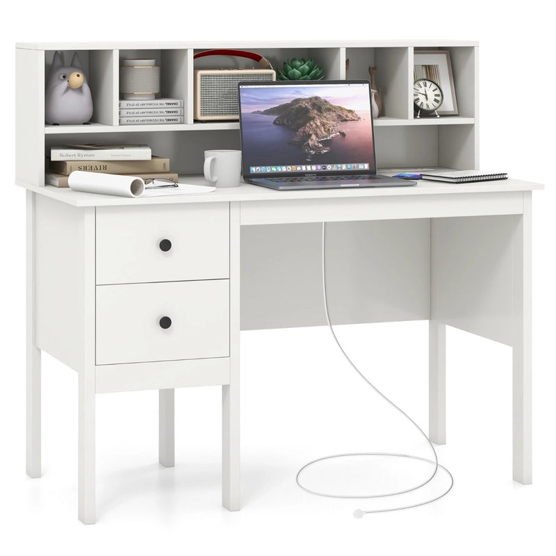 Computer Desk with Power Outlets and  5-Cubby Hutch-White