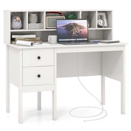 Computer Desk with Power Outlets and  5-Cubby Hutch-White