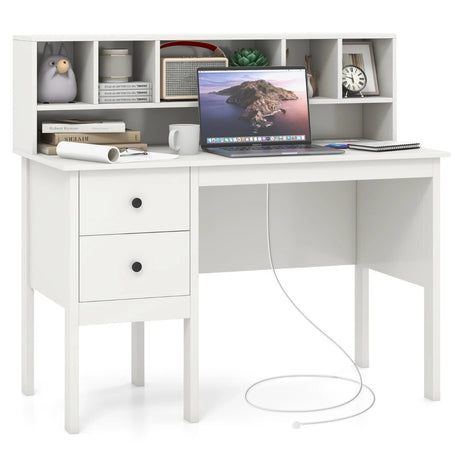 Computer Desk with Power Outlets and  5-Cubby Hutch-White