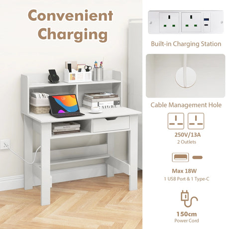 Computer Desk with Power Outlets and USB Port and Type-C-White