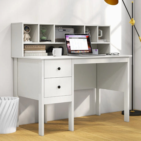 Computer Desk with Power Outlets and  5-Cubby Hutch-White