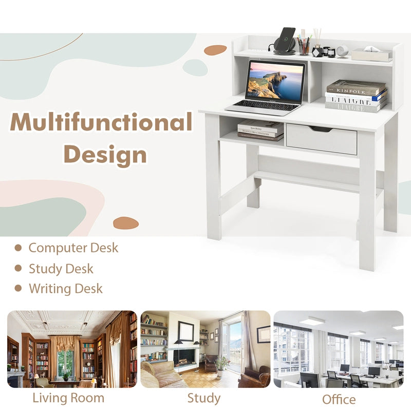 Computer Desk with Power Outlets and USB Port and Type-C-White