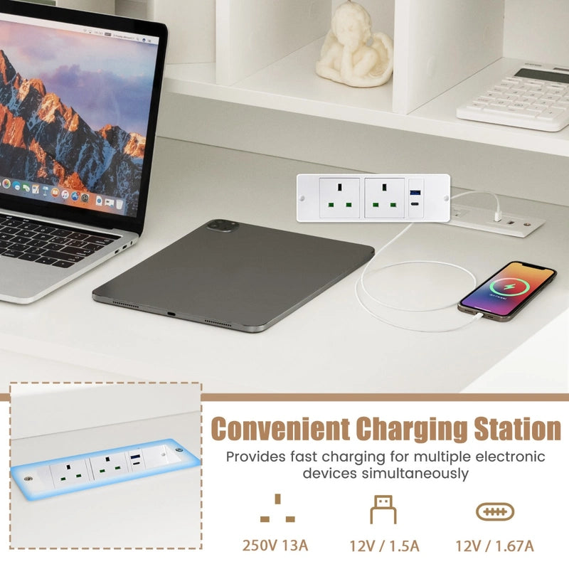 Computer Desk with Power Outlets and  5-Cubby Hutch-White