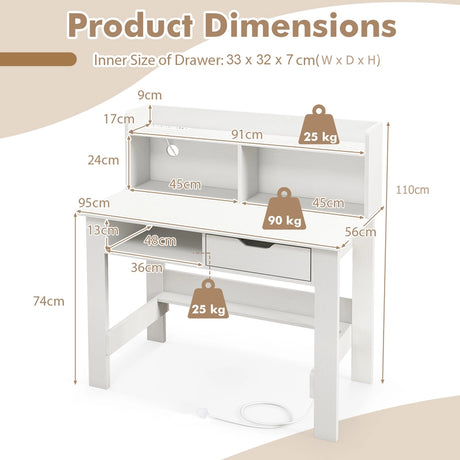 Computer Desk with Power Outlets and USB Port and Type-C-White