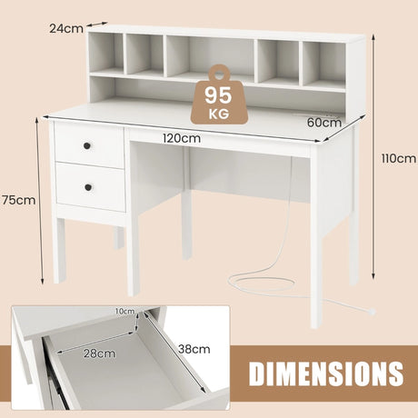 Computer Desk with Power Outlets and  5-Cubby Hutch-White