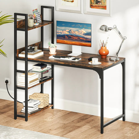Computer Desk with Power Strip 120 CM Study Writing Desk with Bookshelf-Rustic Brown