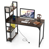 Computer Desk with Power Strip 120 CM Study Writing Desk with Bookshelf-Rustic Brown